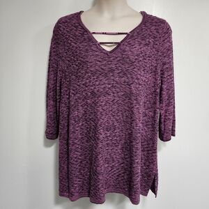 Catherine's Plus Sz 1X Marled Purple Cotton Blend Lightweight V-neck Sweater NEW